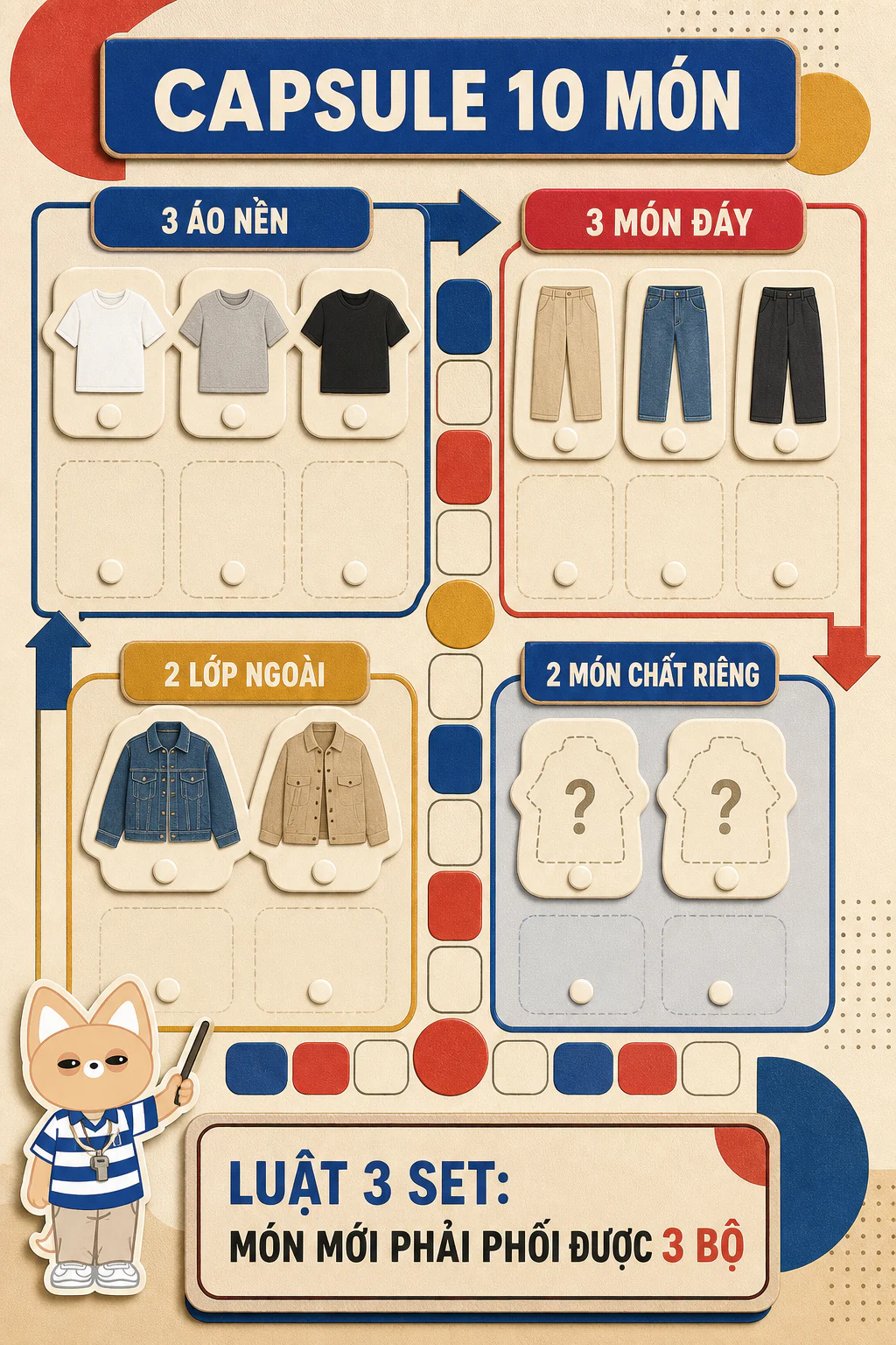 Infographic capsule wardrobe gồm ba áo nền, ba món đáy, hai lớp ngoài và hai món chất riêng