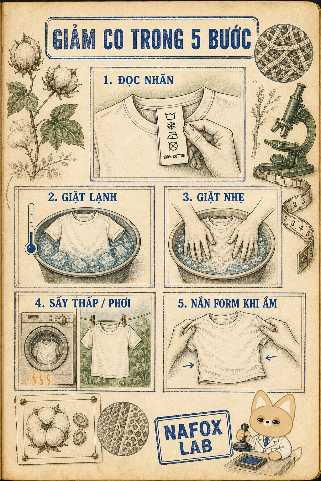 Infographic năm bước giảm co cotton gồm đọc nhãn, giặt lạnh, giặt nhẹ, sấy thấp hoặc phơi và nắn form khi ẩm