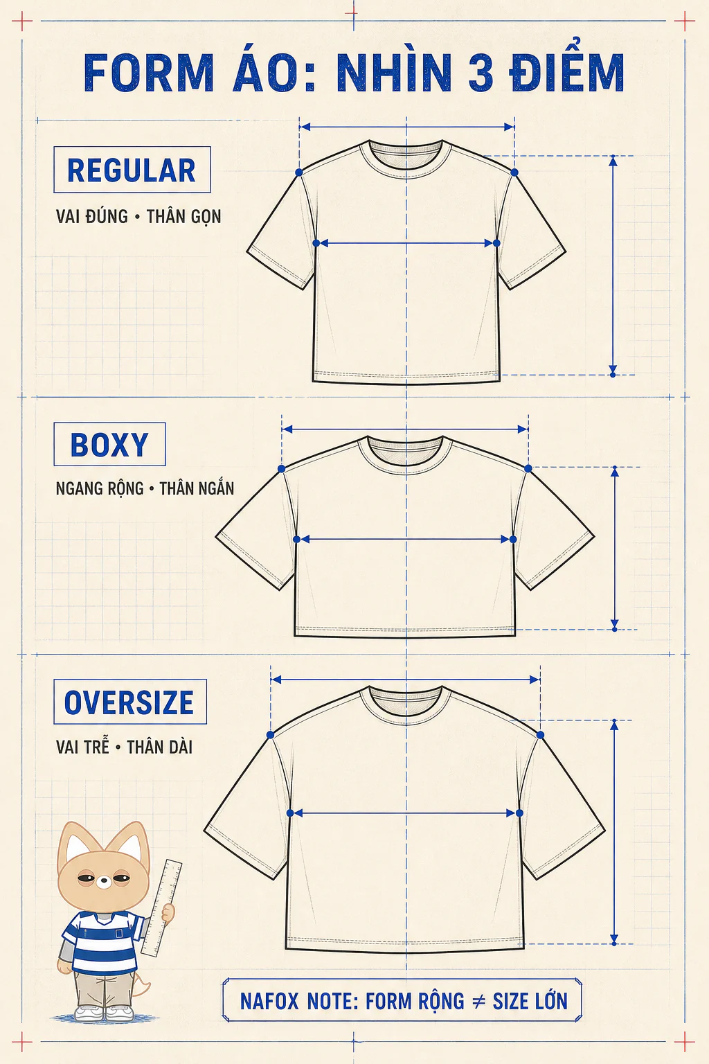 Bản vẽ kỹ thuật so sánh form áo regular, boxy và oversize qua vai, ngang thân và chiều dài