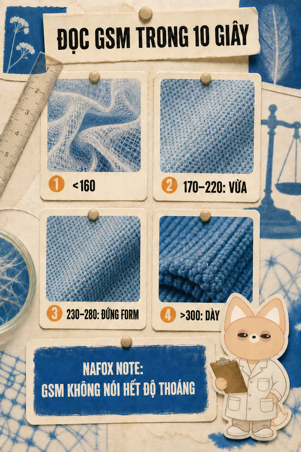 Infographic các khoảng GSM từ dưới 160 đến trên 300 và lưu ý GSM không quyết định toàn bộ độ thoáng