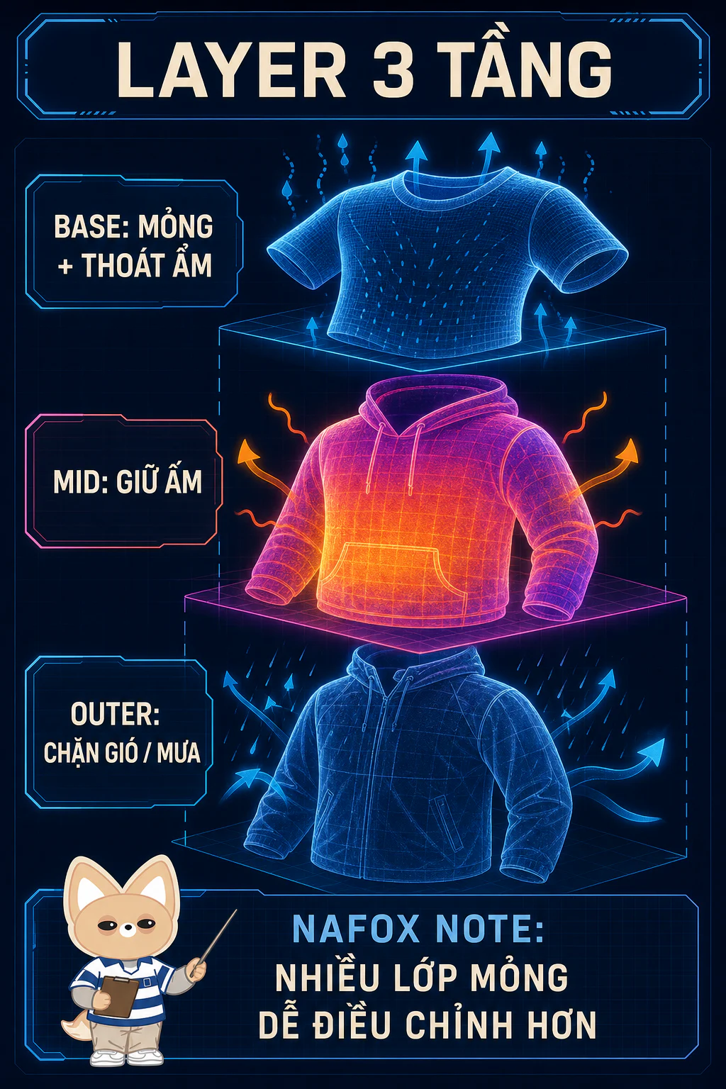 Infographic thermal X-ray ba tầng base mỏng thoát ẩm, hoodie mid giữ ấm và outer chặn gió mưa