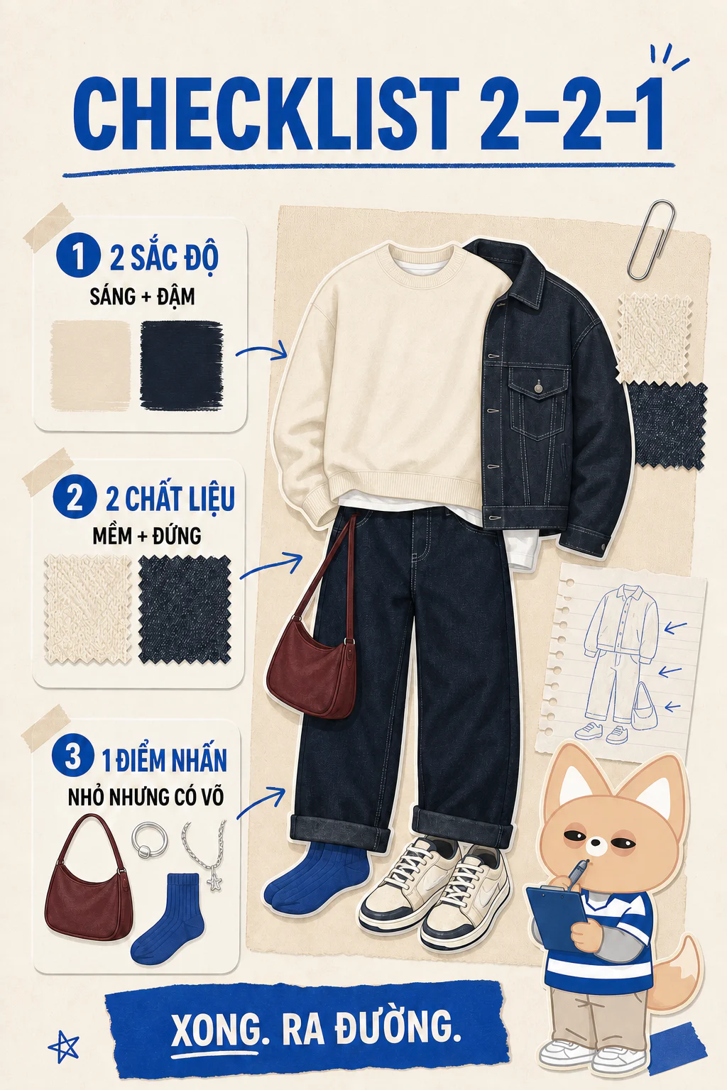 Infographic checklist 2 sắc độ, 2 chất liệu và 1 điểm nhấn cho outfit màu trung tính