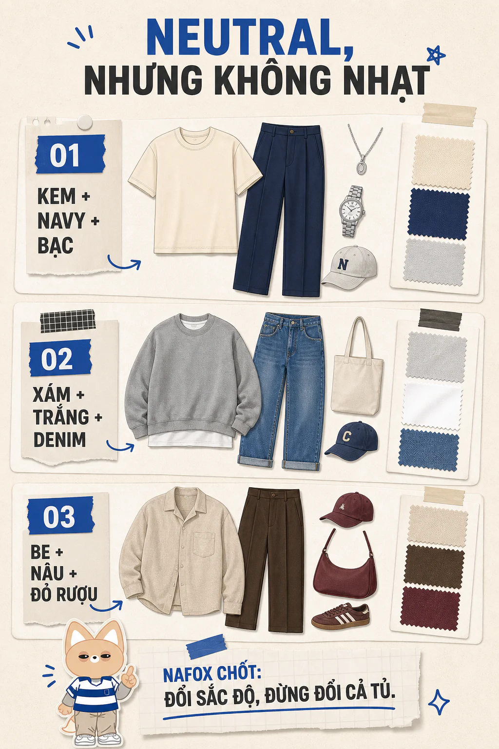 Infographic ba công thức phối màu trung tính kem navy bạc, xám trắng denim và be nâu đỏ rượu