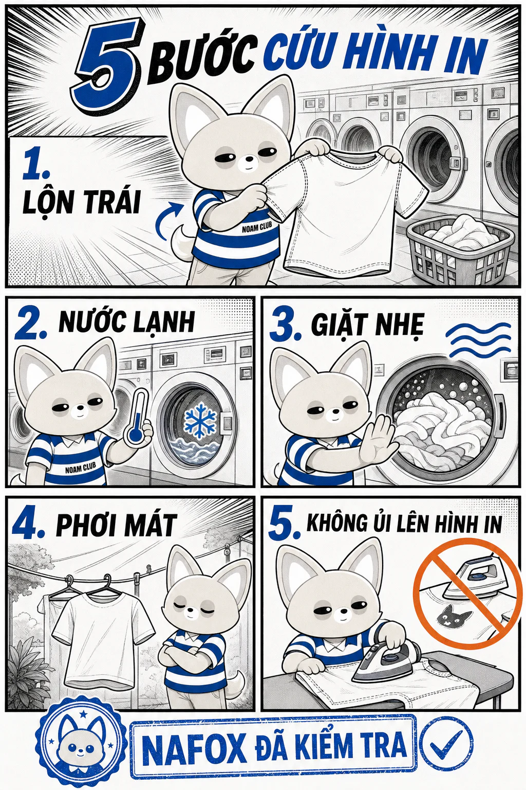 Comic NAFOX hướng dẫn lộn trái, giặt nước lạnh, giặt nhẹ, phơi mát và không ủi trực tiếp lên hình in